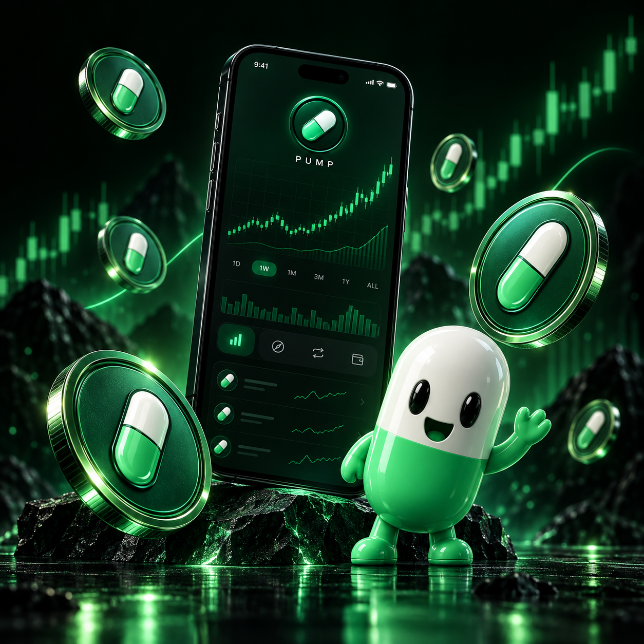 绿色胶囊 PUMP 角色、手机与 PUMP 代币的创意展示